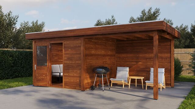 Trädgårdshus Lund 6×3 m från Vykra – brunoljat trä, framsida i trädgårdsmiljö med uteplats och grill
