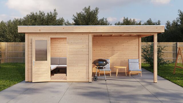 Trädgårdshus Lund 6×3 m från Vykra – framsida med gångstig och grön trädgårdsmiljö