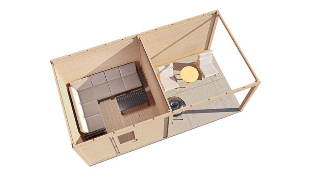 Överblick över trädgårdshus Lund 6×3 m från Vykra – tydlig planlösning med kombinerat förråd och uteplats