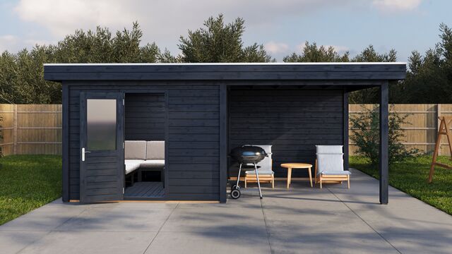 Trädgårdshus Lund 6×3 m från Vykra – framsida med gångstig och grön trädgårdsmiljö