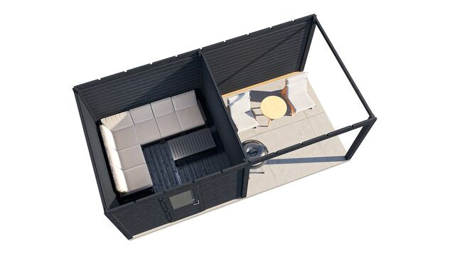 Överblick över trädgårdshus Lund 6×3 m från Vykra – tydlig planlösning med kombinerat förråd och uteplats