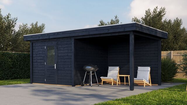 Trädgårdshus Lund 6×3 m från Vykra – uteplats med sittgrupp i harmonisk trädgård