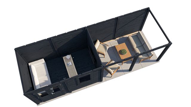 Planlösning ovanifrån av trädgårdshus Södertälje 7,9×2,5 m från Vykra – tydlig rumsindelning