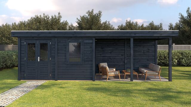 Trädgårdsbild av trädgårdshus Södertälje i svartoljat trä från Vykra – vy framifrån