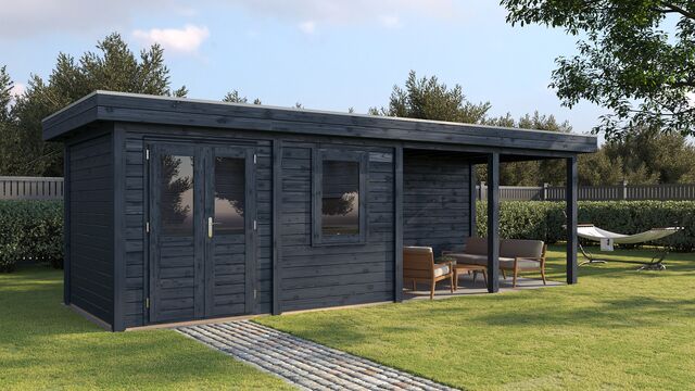 Vy från vänster hörn av trädgårdshus Södertälje i svartoljat trä från Vykra – trädgårdsmiljö