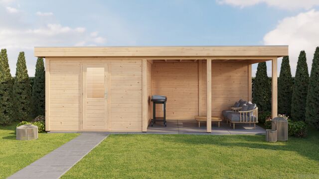 Trädgårdshus Umeå 7×3 m från Vykra – framsida i trädgård med gångstig