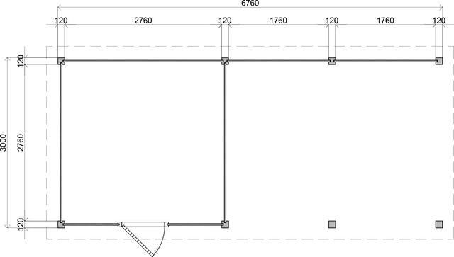 Måttsatt ritning av trädgårdshus Umeå 7×3 m från Vykra