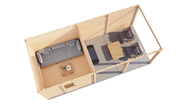 Överblick över trädgårdshus Umeå 7×3 m från Vykra – planlösning med förråd och stor uteplats