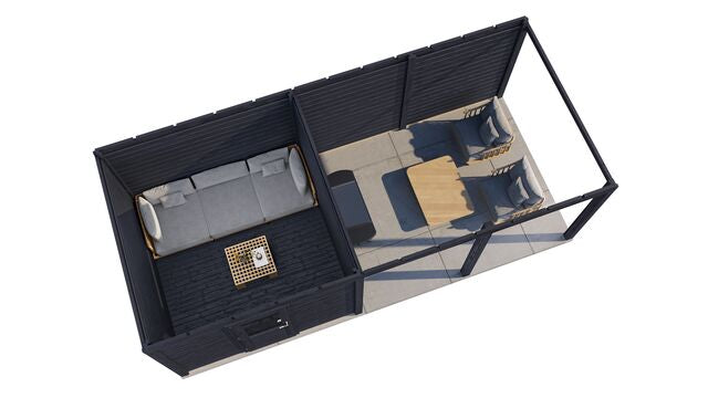 Överblick över trädgårdshus Umeå 7×3 m från Vykra – planlösning med förråd och stor uteplats