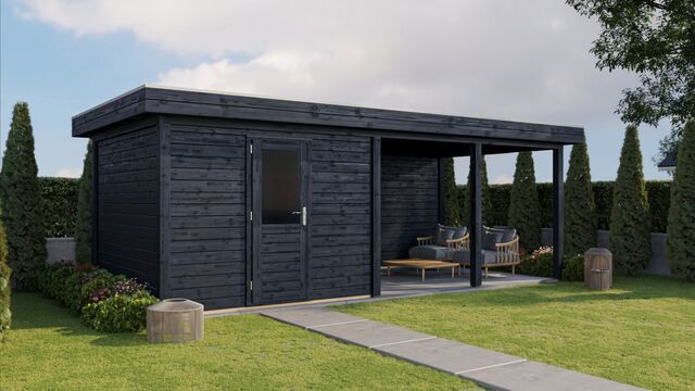 Trädgårdshus Umeå 7×3 m från Vykra – helhetsvy i trädgårdsmiljö med svart träfinish