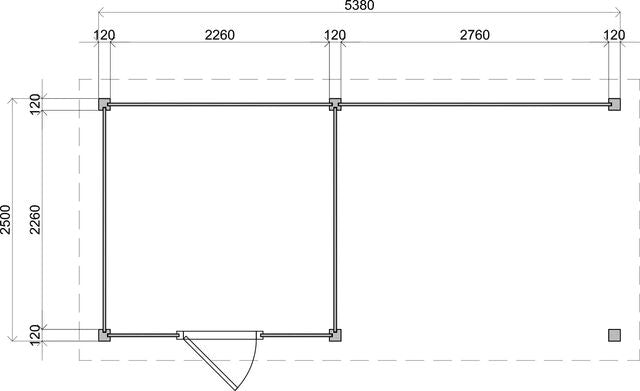 Teknisk ritning med exakta mått för trädgårdshus Uppsala 5,5×2,5 m från Vykra