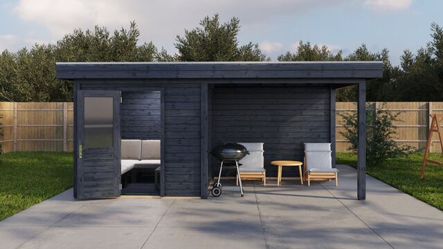 Trädgårdshus Uppsala 5,5×2,5 m från Vykra – framsida med sittgrupp under tak i svart finish