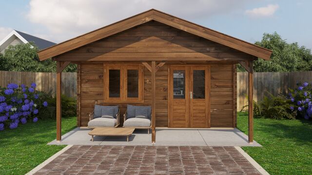 Attefallshus Malung - 5x6m (30 kvm) - Brun Tryckimpregnerat – Sidovy med stängt fönster och tydlig träpanel.