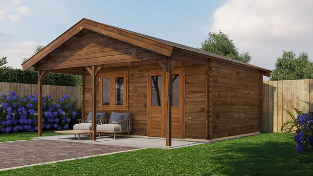 Attefallshus Malung - 5x6m (30 kvm) - Brun Tryckimpregnerat – Sned sidovy som visar fönstrets placering och bakre vägg.