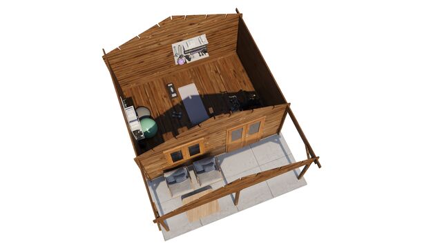 Attefallshus Malung - 5x6m (30 kvm) - Brun Tryckimpregnerat – 3D-vy ovanifrån av interiören med hyllor och verktyg.