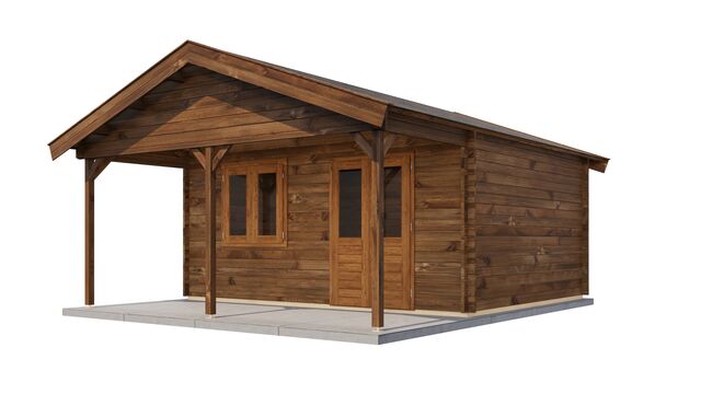 Attefallshus Malung - 5x6m (30 kvm) - Brun Tryckimpregnerat – Sned bakifrån vy som visar förrådets trästruktur och kompakta form.