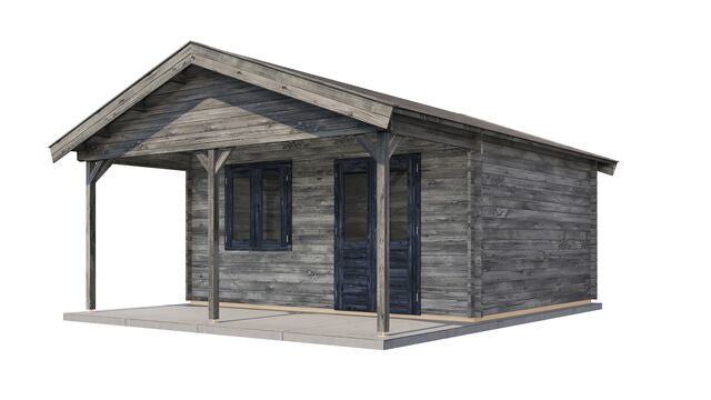 Attefallshus Malung - 5x6m (30 kvm) - Grå Tryckimpregnerat – Sned bakifrån vy som visar förrådets trästruktur och kompakta form.