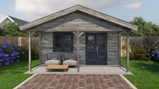 Attefallshus Malung - 5x6m (30 kvm) - Grå Tryckimpregnerat – Sidovy med stängt fönster och tydlig träpanel.