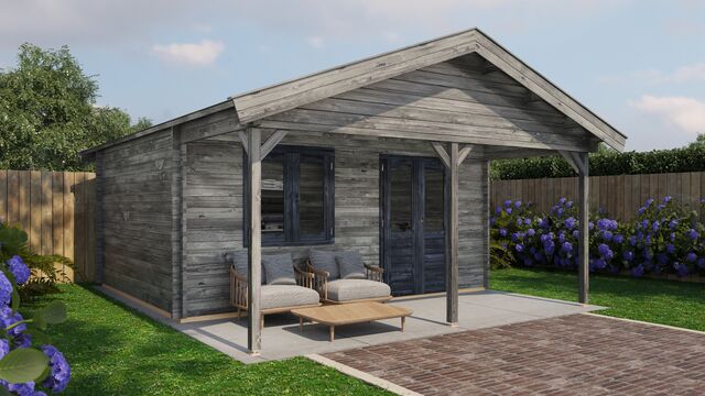 Attefallshus Malung - 5x6m (30 kvm) - Grå Tryckimpregnerat – Rakt framifrån fasadvy med dörr och fönster i stängt läge.