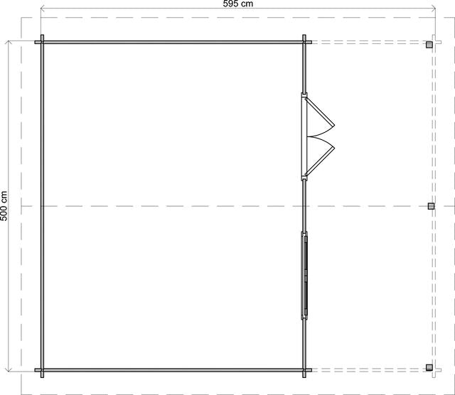 Attefallshus Malung - 5x6m (30 kvm) - Grå Tryckimpregnerat – Teknisk ritning uppifrån som visar yttermått.