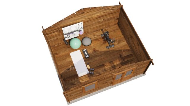 Attefallshus Åkersberga - 5x4m (20 kvm) - Brun Tryckimpregnerat – 3D-vy ovanifrån av interiören med hyllor och verktyg.