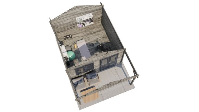 Attefallshus Arvidsjaur - 4x6m (24 kvm) - Grå Tryckimpregnerat – 3D-vy ovanifrån av interiören med hyllor och verktyg.