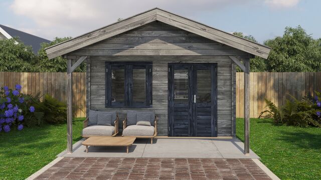 Attefallshus Arvidsjaur - 4x6m (24 kvm) - Grå Tryckimpregnerat – Sidovy med stängt fönster och tydlig träpanel.