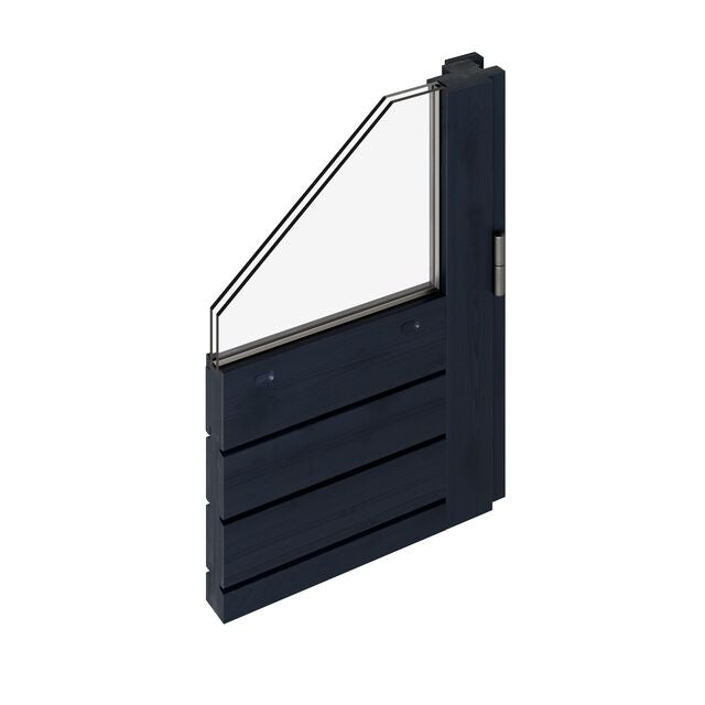 Visualisering av ett dörrsnitt med snedställt isolerglas och liggande träpanel.