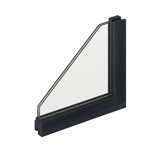 Trekantigt fönstersnitt med isolerglas i svart träram.