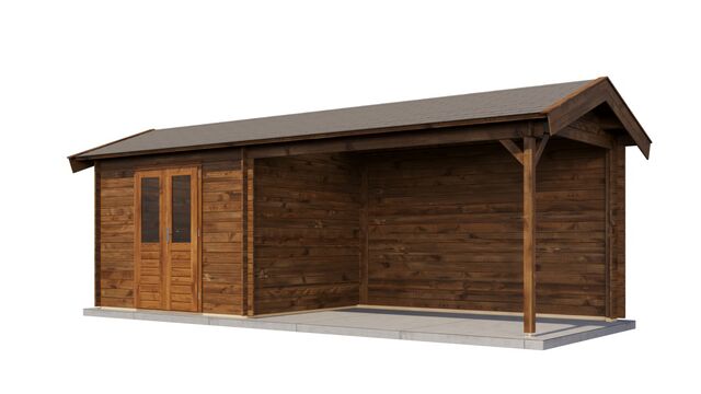 Trädgårdshus Arboga - 7x2,5m (17,5kvm) - Brun Tryckimpregnerat – Sned bakifrån vy som visar förrådets trästruktur och kompakta form.