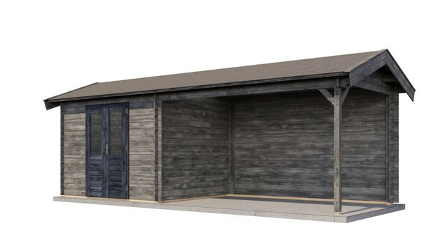 Trädgårdshus Arboga - 7x2,5m (17,5kvm) - Grå Tryckimpregnerat – Sned bakifrån vy som visar förrådets trästruktur och kompakta form.