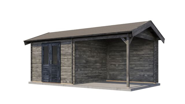 Trädgårdshus Falköping - 6x3m (18kvm) - Grå Tryckimpregnerat – Sned bakifrån vy som visar förrådets trästruktur och kompakta form.