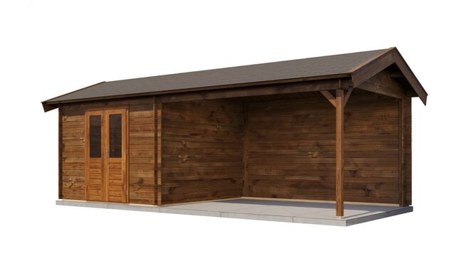 Trädgårdshus Boden - 7x3m (21 kvm) - Brun Tryckimpregnerat – Sned bakifrån vy som visar förrådets trästruktur och kompakta form.
