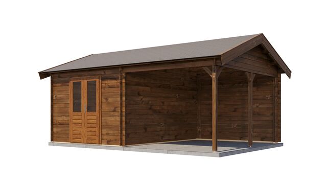 Trädgårdshus Vetlanda - 6x4m (24 kvm) - Brun Tryckimpregnerat – Sned bakifrån vy som visar förrådets trästruktur och kompakta form.