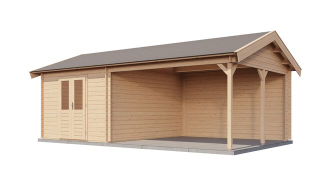 Trädgårdshus Kristinehamn - 7x4m (28 kvm) - Obehandlat – Sned sidovy med dörr och fönster synliga.
