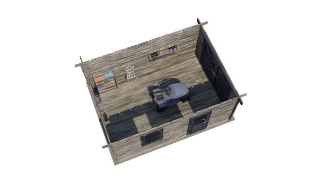 Förråd Falkenberg - 5x3,5m (17,5kvm) - Grå Tryckimpregnerat – 3D-vy ovanifrån av interiören med hyllor och verktyg.