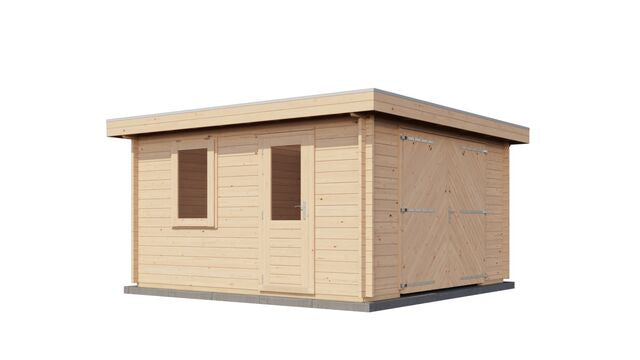 Förråd Landskrona - 4x4m (16kvm) - Obehandlat – Sned sidovy med dörr och fönster synliga.