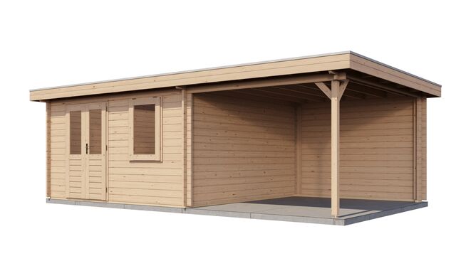 Trädgårdshus Katrineholm - 7x4m (28 kvm) - Obehandlat – Sned sidovy med dörr och fönster synliga.