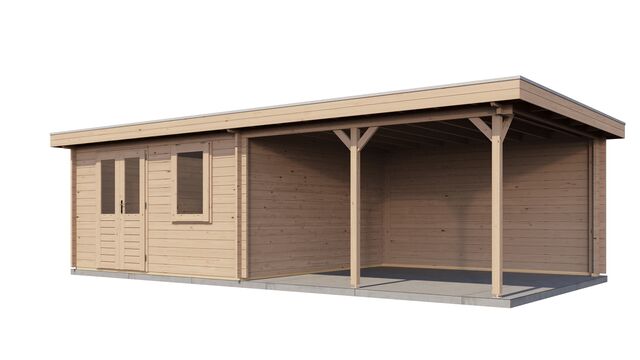 Trädgårdshus Ängelholm - 8x4m (32kvm) - Obehandlat – Sned sidovy med dörr och fönster synliga.