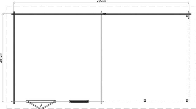 Trädgårdshus Ängelholm - 8x4m (32kvm) - Obehandlat – Teknisk ritning som visar yttermått och form.