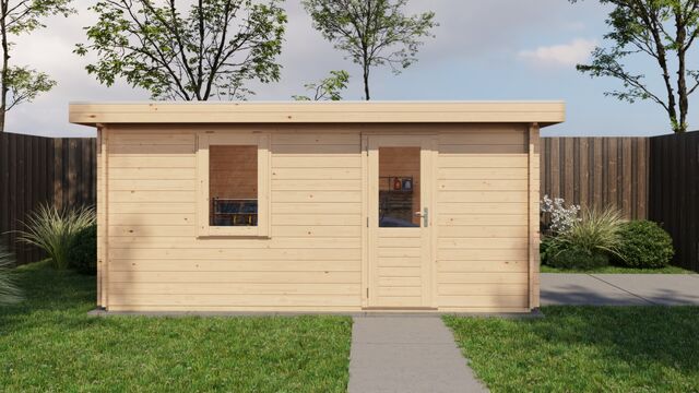 Förråd Värnamo - 5x4m (20kvm) - Obehandlat – Vy från sidan med stängd dörr.
