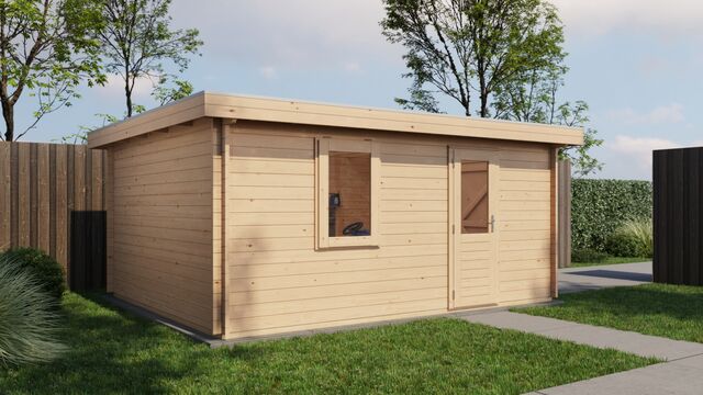 Förråd Värnamo - 5x4m (20kvm) - Obehandlat – Bakifrån vy som visar tak och bakvägg.