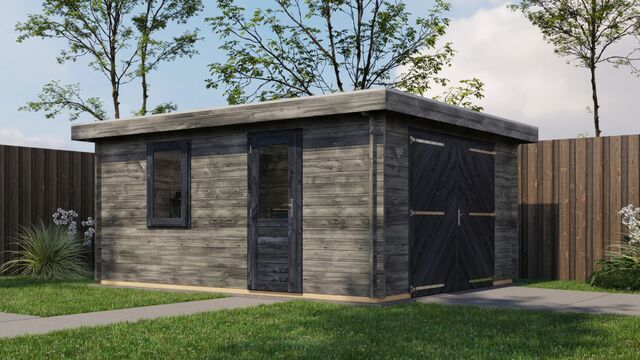 Förråd Värnamo - 5x4m (20kvm) - Grå Tryckimpregnerat – Rakt framifrån fasadvy med dörr och fönster i stängt läge.