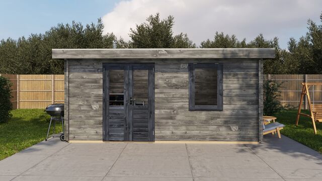 Förråd Mariestad - 5x3m (15kvm) - Grå Tryckimpregnerat – Sidovy med stängt fönster och tydlig träpanel.