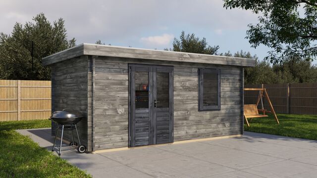 Förråd Mariestad - 5x3m (15kvm) - Grå Tryckimpregnerat – Sned sidovy som visar fönstrets placering och bakre vägg.