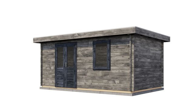 Förråd Mariestad - 5x3m (15kvm) - Grå Tryckimpregnerat – Sned bakifrån vy som visar förrådets trästruktur och kompakta form.