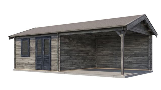 Trädgårdshus Hjo - 8x4m (32 kvm) - Grå Tryckimpregnerat – Sned bakifrån vy som visar förrådets trästruktur och kompakta form.