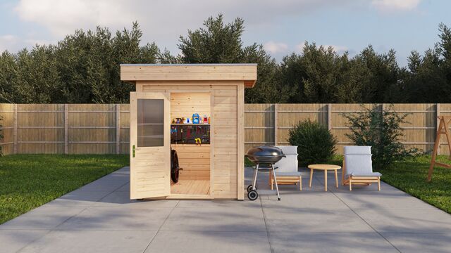 Förråd Stockholm 2×2 m från Vykra – sett framifrån med grill och sittgrupp i trädgård